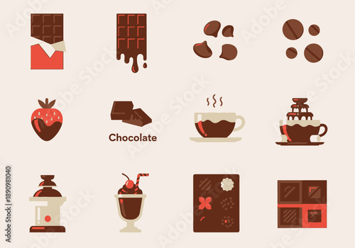 Collection of chocolate-themed illustrations including bars, desserts, and beverages in various styles and viewpoints
