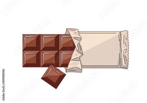 Chocolate bar unwrapped with pieces separated on a plain white background from a top view