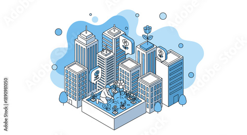 Modern isometric illustration of tall city skyscrapers with blue accents.