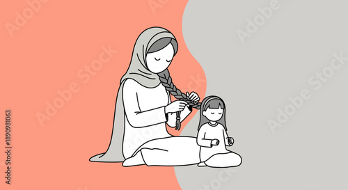 Mother Braiding Daughter Hair Sitting Together.