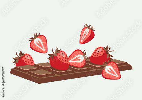 Fresh strawberries falling onto a chocolate bar in a whimsical illustration from a high viewpoint