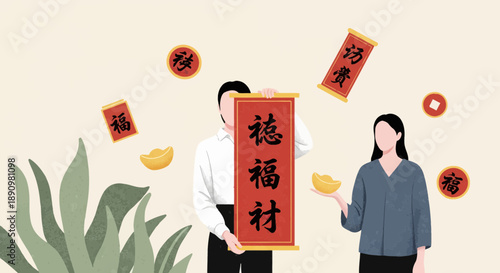 People Holding Chinese New Year Couplets and Decorations.