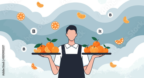 Person holding trays filled with fresh oranges and leaves.