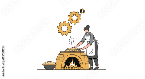 Person preparing food in front of traditional brick oven illustration.