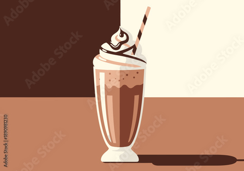 A chocolate milkshake with whipped cream and a straw on a brown table viewed from the side