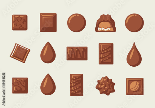 A collection of chocolate candies and sweets illustrated from a top-down viewpoint
