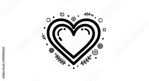 Black Heart Icon with Floral Decorations.