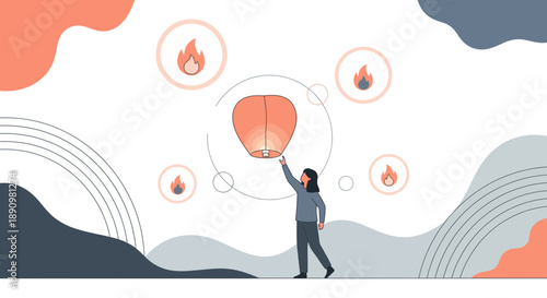 Person Releasing Sky Lantern with Fire Symbols.