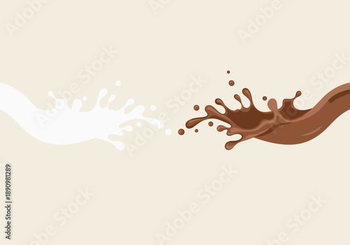 A dynamic splash of white and chocolate brown liquid colliding in mid-air, captured from a side viewpoint in a minimalist environment