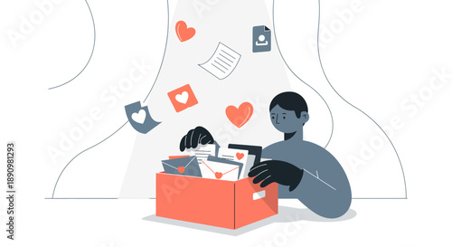 Person sorting through box of social media items.