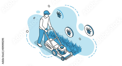 Person using lawn mower to cut grass in illustration.