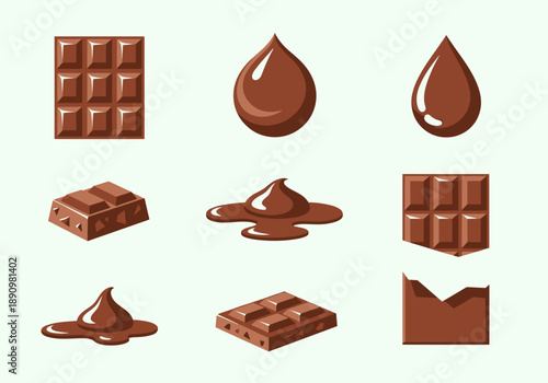Assorted chocolate bars and melted chocolate drops on a clean background viewed from directly above