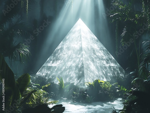 The mysterious, transparent glass pyramid in the forest, with light shining down, seems powerful.
