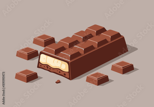 A broken chocolate bar with pieces scattered around on a flat surface viewed from above