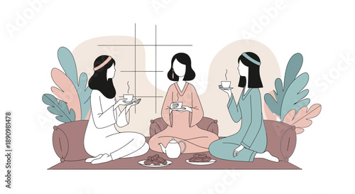 Three Women Sitting and Drinking Tea Together.