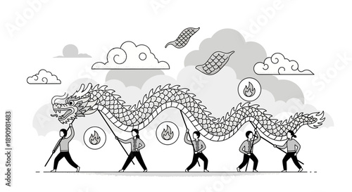 Traditional Chinese Dragon Dance Performance Illustration.