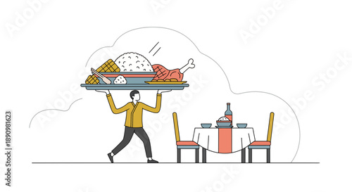 Waiter Carrying Large Tray With Food Illustration.
