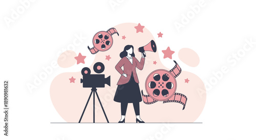 Woman Directing Film Production with Camera Equipment.