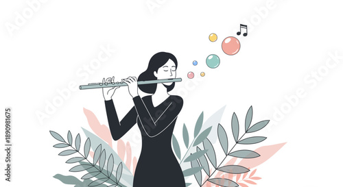 Woman playing flute with musical notes illustration.