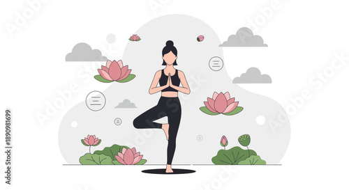 Woman practicing yoga in tree pose with calm expression.