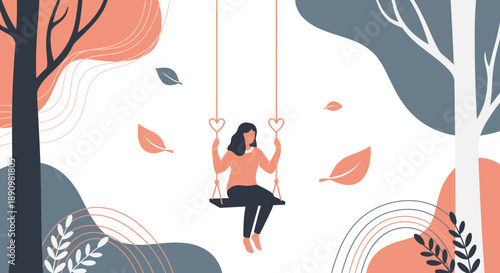 Young woman sitting alone on a swing illustration.