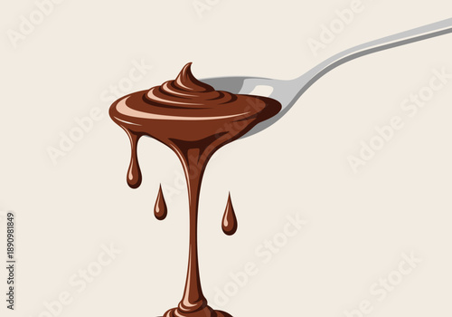 A silver spoon dripping with rich chocolate sauce, viewed from a close-up perspective