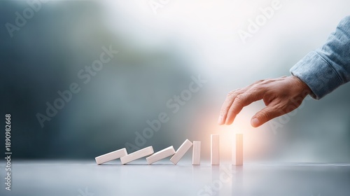 A hand blocked the falling domino blocks to prevent the next ones from falling. Risks and strategy in business, the domino effect of wooden blocks preventing a business crisis, or the concept of risk