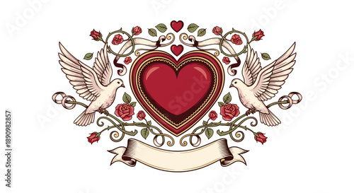 Ornate Heart with Doves and Roses Illustration.