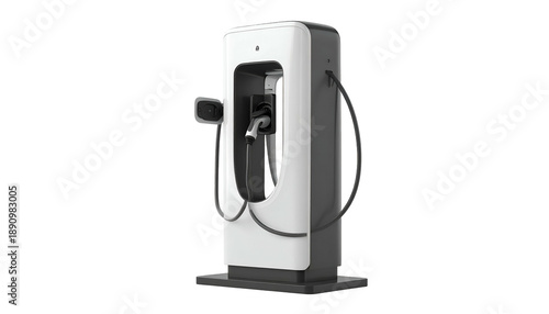 Electric vehicle charging station, minimalist design, white and gray with connected cable and plug
