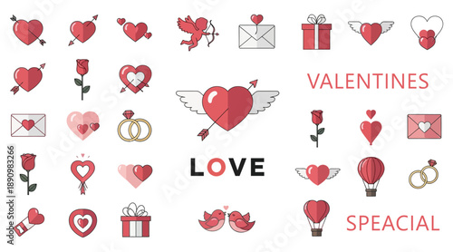 Valentines day elements illustrations vector set. Cute cartoon clipart for day of lovers.