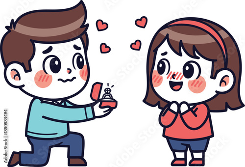 Adorable cartoon proposal scene where a nervous boyfriend kneels on one knee presenting a sparkling diamond engagement ring to his surprised and happy girlfriend
