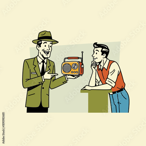 Man showing vintage radio to another man, retro style illustration