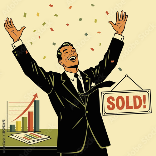Happy Businessman Celebrating Successful Sale with Sold Sign and Upward Graph