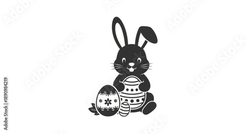 A black rabbit sitting with Easter eggs, illustration of a cute bunny and decorative eggs, viewed from the front