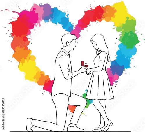 Artistic line drawing depicts a man kneeling to propose marriage to a woman against a vibrant, colorful heart shape made of paint splatters