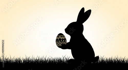 A silhouette of a rabbit holding an Easter egg in a grassy field with a bright background