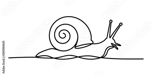 A continuous line drawing of a snail with a spiral shell crawling on a white background Vector, illustration