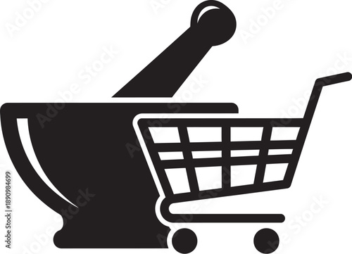 Black icon of mortar and pestle combined with shopping cart for pharmacy or healthcare shopping concept