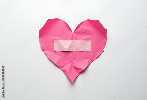 Wallpaper Mural Broken heart. A crumpled pink paper heart with a bandage on white background, top view. Frustration in a relationship, ruined love, emotional wound Torontodigital.ca