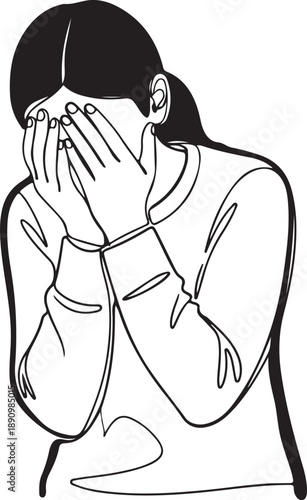 Woman covering her face with hands black and white illustration