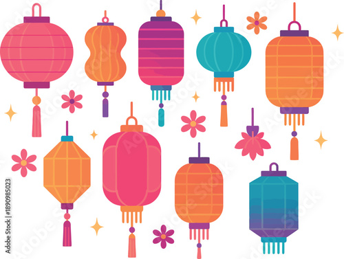 Vibrant collection of traditional Chinese lanterns in various shapes and colors, with small floral decorations and sparkles.