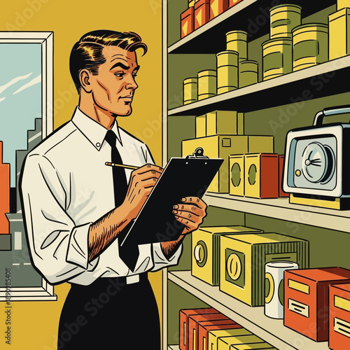 Retro store clerk writing on clipboard near shelves with products