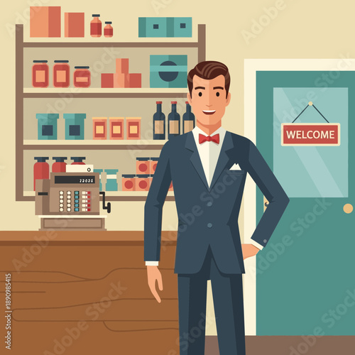 Vintage Shopkeeper in Suit with Shelves of Goods and Cash Register
