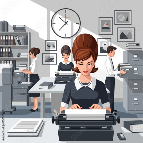 Vintage Office Scene: Women Typing, Men Filing, Retro Style
