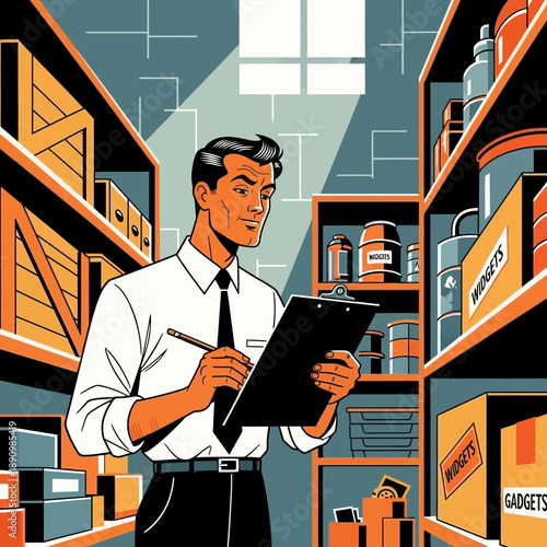 Warehouse Manager Inspecting Inventory with Clipboard