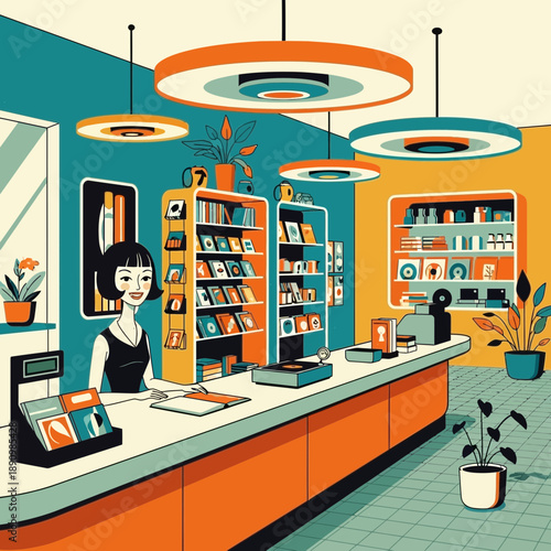 Woman at retro record store counter with vinyl albums and plants