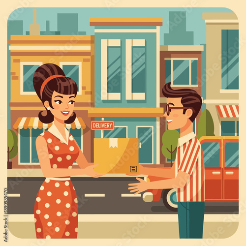 Delivery service, courier handing package to woman on street with buildings