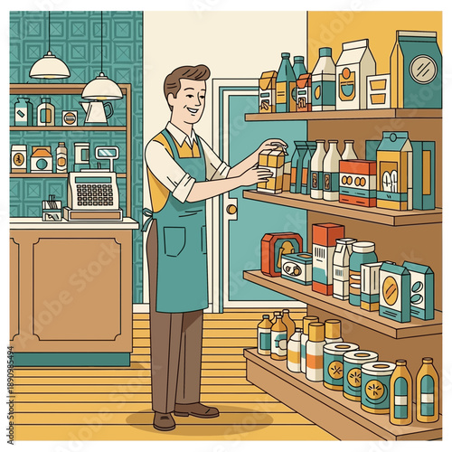 Grocer arranging products on shelves in vintage supermarket