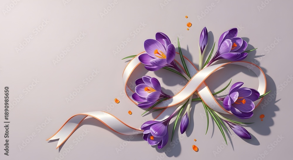 Obraz premium Purple crocus flowers with white ribbon on gray background