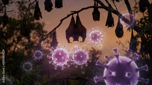 Nipah virus outbreak concept bat wildlife dusk forest disease transmission danger illustration flying fox colony silhouette mysterious mood lighting
